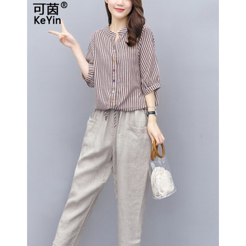 可茵 棉麻阔腿休闲裤套装女2022夏季新款中袖时尚简约条纹透气亚麻