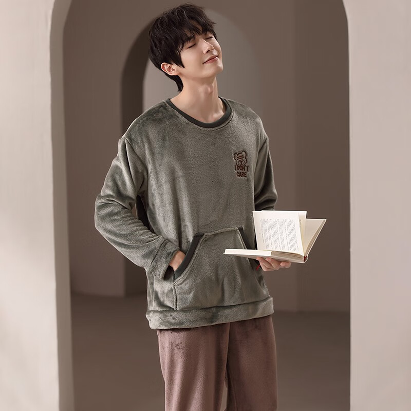 安之伴睡衣男秋冬季圆领套头简约宽松版长袖长裤可外穿家居服套装  松绿色 XL