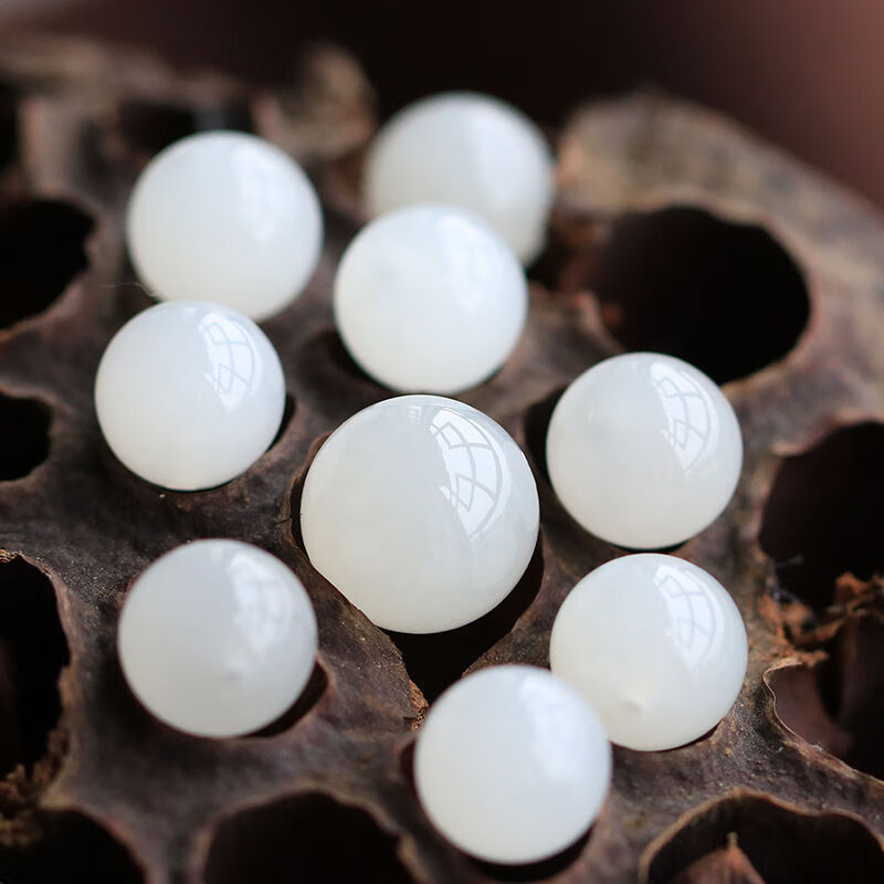默奢 天然和田玉羊脂白玉散珠子 青海玉通孔 半孔单颗圆玉珠 diy手链