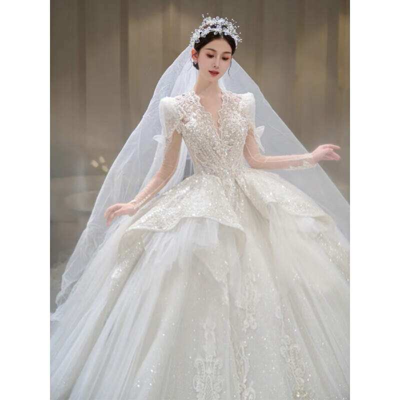 舒凯乐主婚纱婚纱新娘主纱长袖重工拖尾复古迎宾纱小个子2023 单件