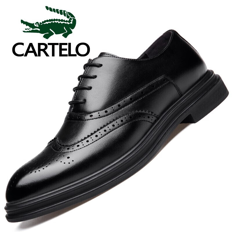 卡帝乐鳄鱼（CARTELO）英伦商务休闲男鞋布洛克雕花系带牛皮舒适透气皮鞋子男9300 黑色 41