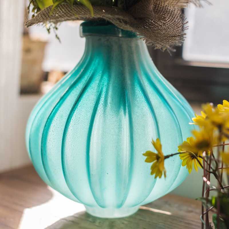 掬涵 榴萼磨砂艺术玻璃瓶花瓶花器 装饰器皿工艺摆件美式复古 c蝶翅蓝