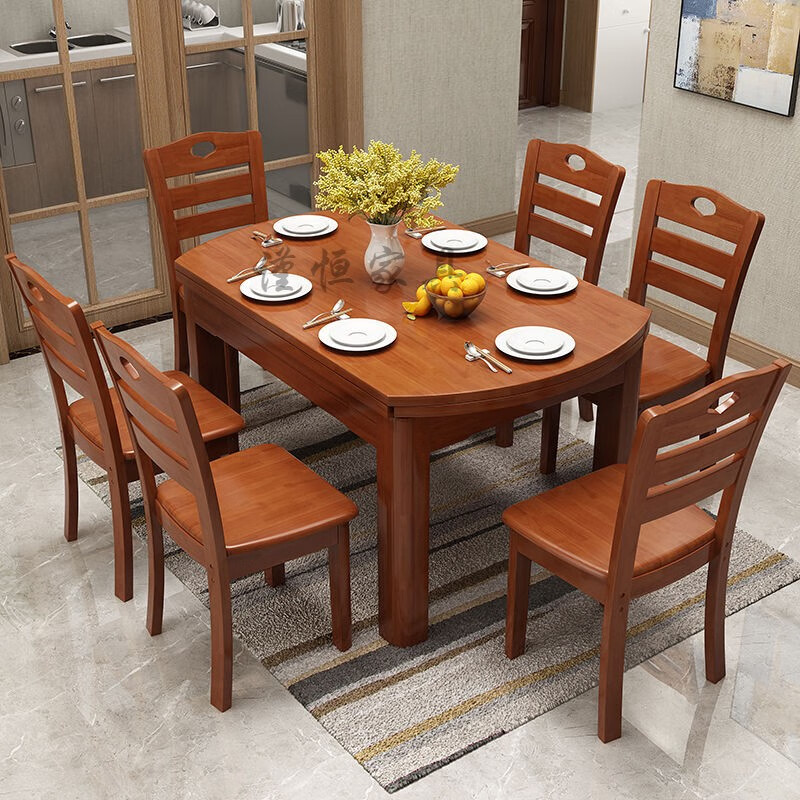海棠伸缩饭桌圆桌橡木餐台实木餐桌椅
