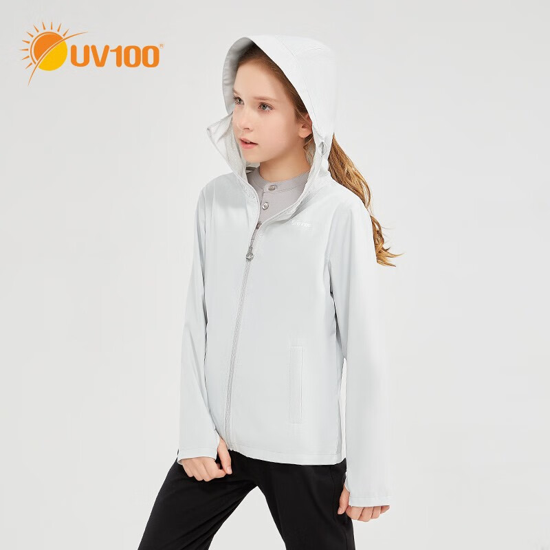 UV100防晒衣女防紫外线凉感透气防晒服连帽面罩22569 极简灰-遮蔽率99.00% 130