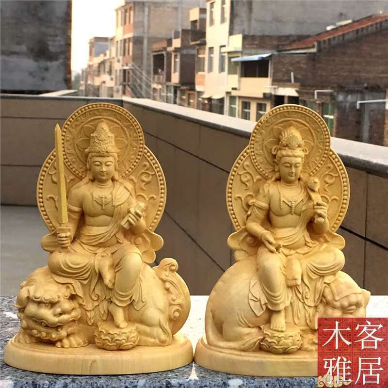 木文殊普贤摆件华严三圣居家生肖守护神车摆 黄杨木文殊(手持宝剑)