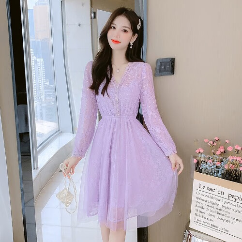 连衣裙女高级感2023春秋新款收腰显瘦气质仙女长裙子 紫色(普通版) s