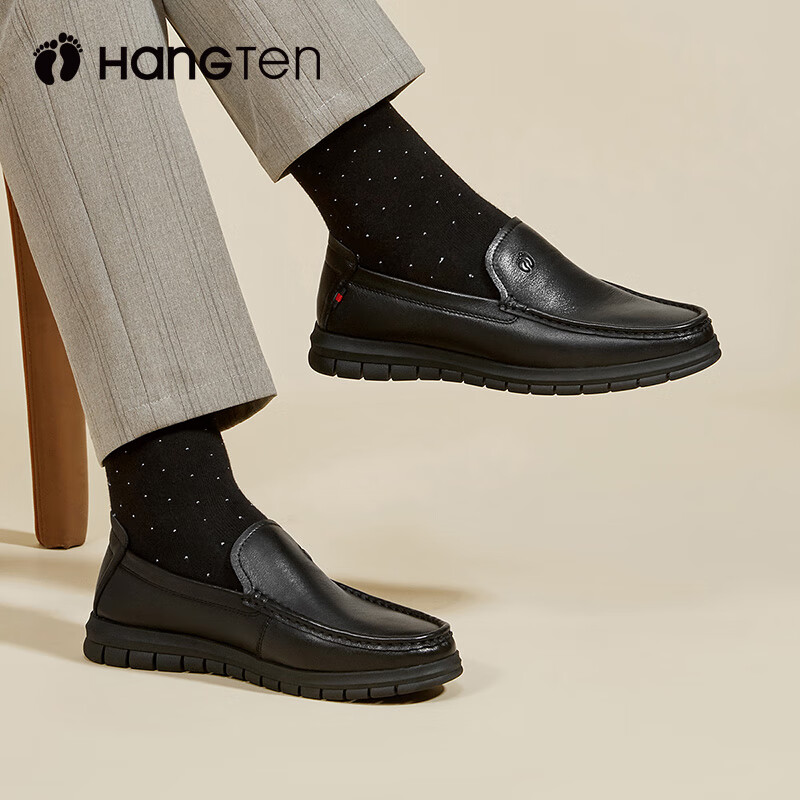 欢腾(HANG TEN)休闲皮鞋男真皮透气软底中年商务男士休闲鞋轻便防滑上班办公套脚 黑色 44