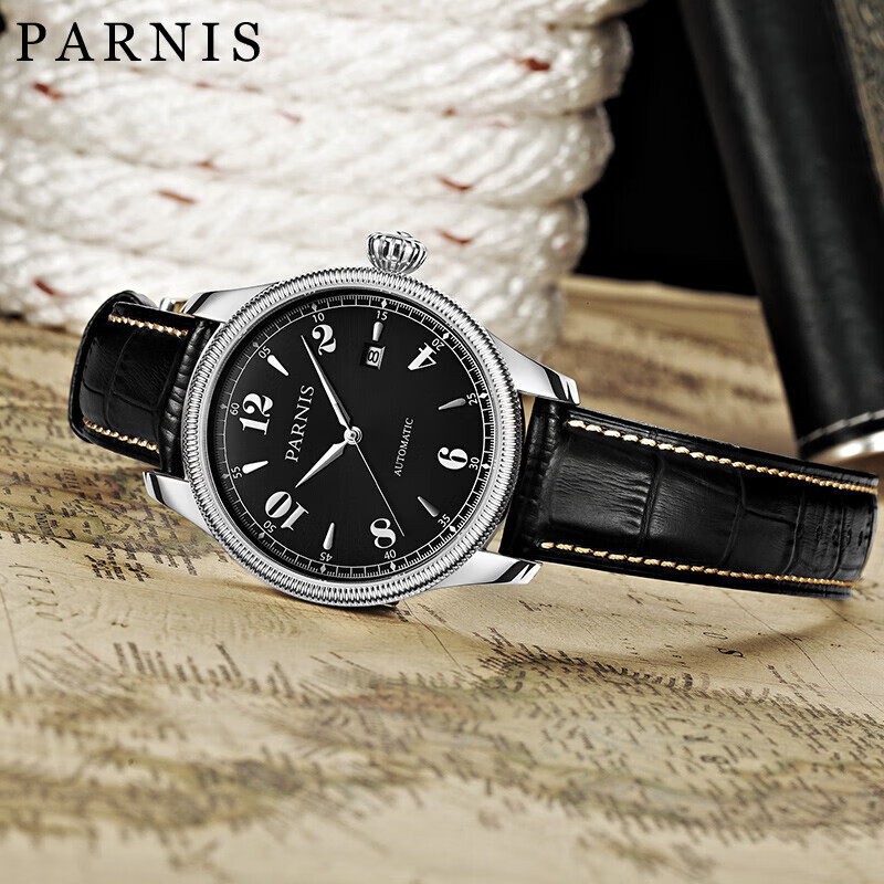 柏尼时（PARNIS） 手表 全自动机械潮表 男士时尚儒雅腕表 日历复古风防水表 男表 黑色面-新版黑皮带