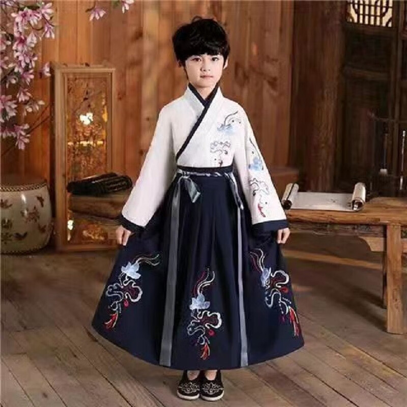 绘自然 汉服男童国学服中国风古装书童服装三字经弟子规儿童演出服小学 祥云花-白蓝直袖 110怎么样,好用不?