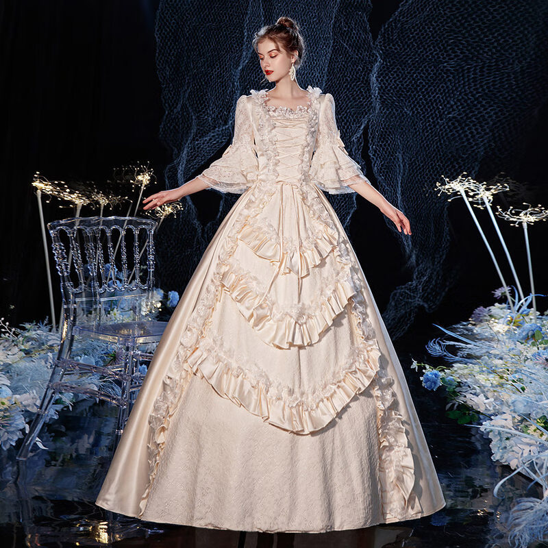 欧式宫廷礼服新款香槟法式宫廷礼服年会影楼走秀话剧舞台表演舞蹈蕾丝