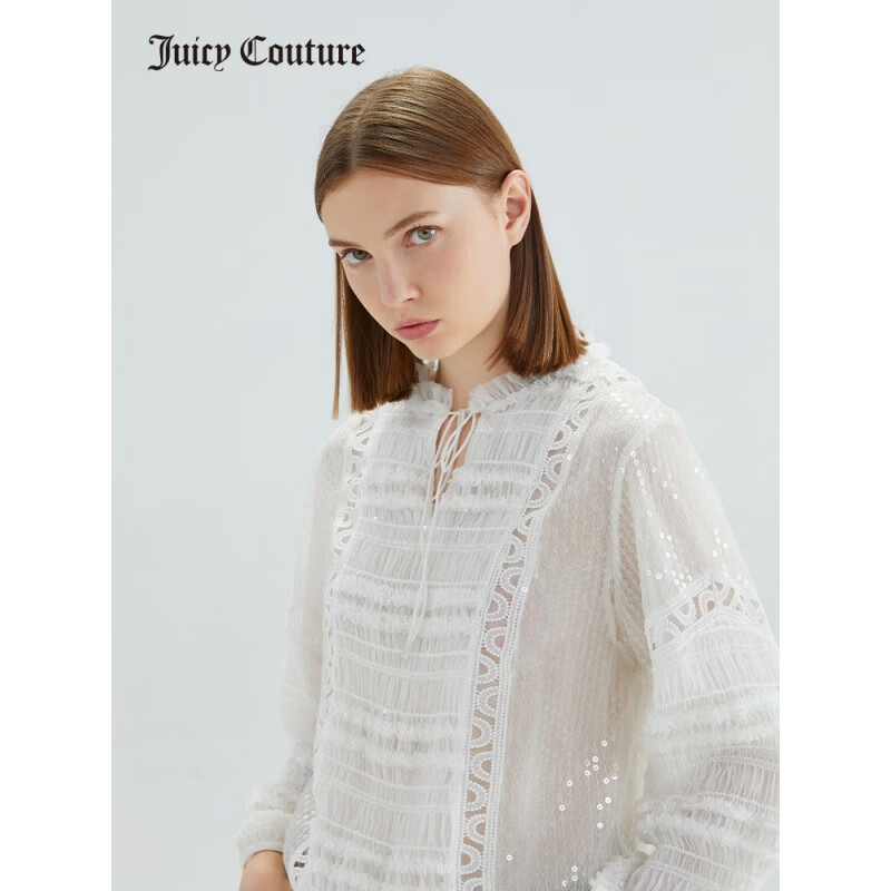 Juicy Couture橘滋2020秋冬新品领口抽褶百搭珠片蕾丝拼接上衣女 白色 M