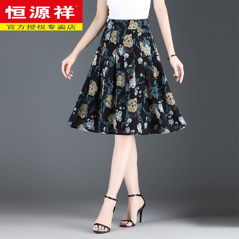 雪纺百褶裙短裙半身裙女夏a字伞裙中年裙子夏季短款 绿花 m 腰围2尺