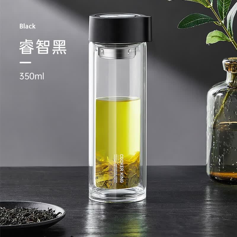 炊大皇玻璃杯双层玻璃水杯茶水分离玻璃杯大容量水杯男女通用高档茶杯杯子 【睿智黑 350ML】双层防烫 不惧冷热高性价比高么？