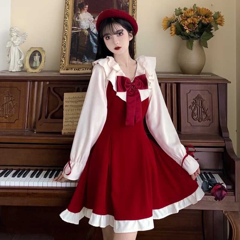 唐努乌(tang nu wu)甜美洛丽塔衬衫吊带裙女优雅正olita连衣裙 红色 l