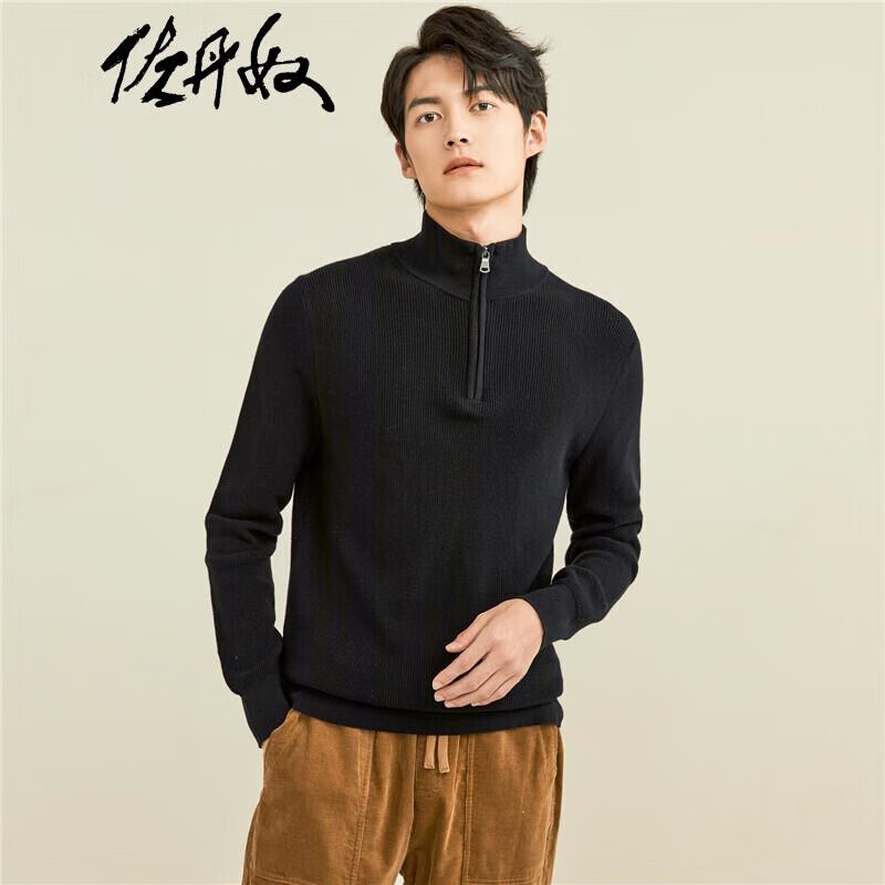 佐丹奴针织衫男秋冬精梳棉质半高领半拉链套头毛衣男 18052607 09黑色