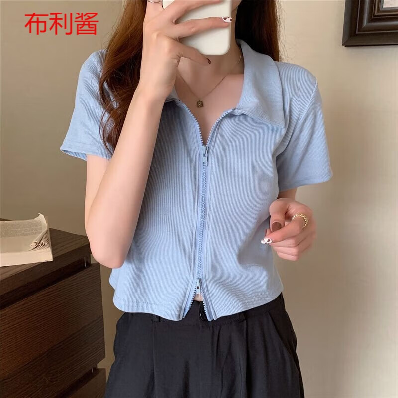 露脐b短款上衣配高腰裤秋装短袖t恤女设计感小众拉链polo衫ins 天蓝色