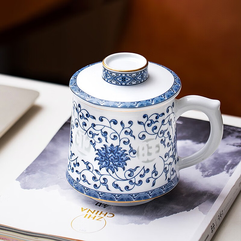 玉柏白瓷景德镇陶瓷过滤茶杯大号带盖办公杯青花玲珑茶杯家和业旺手工