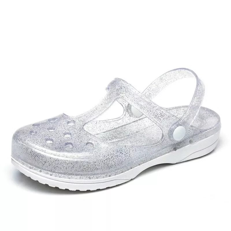 【精选】夏季洞洞鞋女凉鞋透气镂空果冻凉拖鞋护士鞋女士包头防滑 银色 41