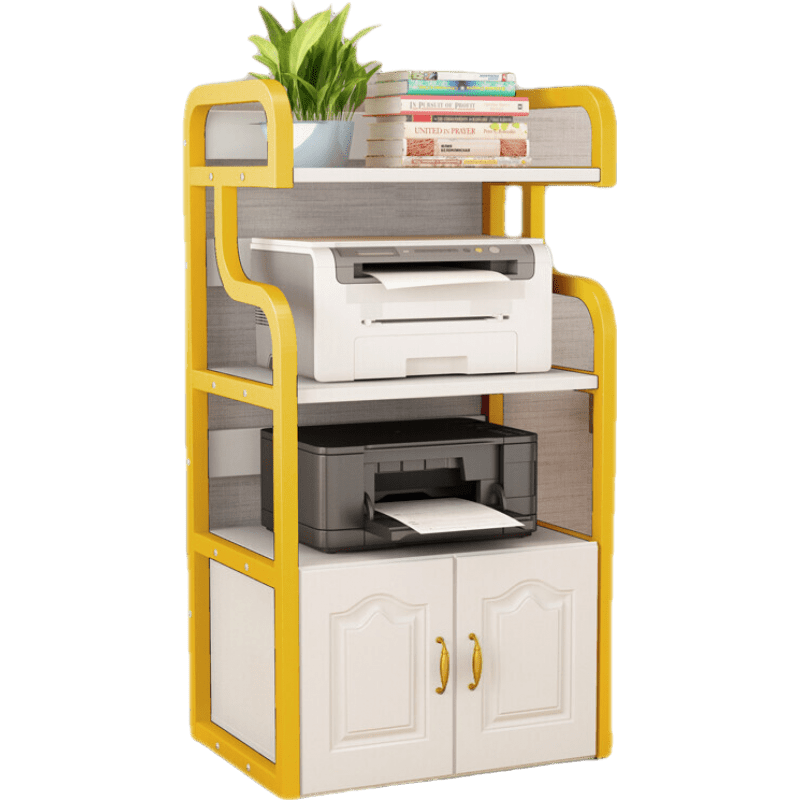 办公室放针式打印机的落地桌子架子可移动多层柜 四层金架暖白色(带柜)