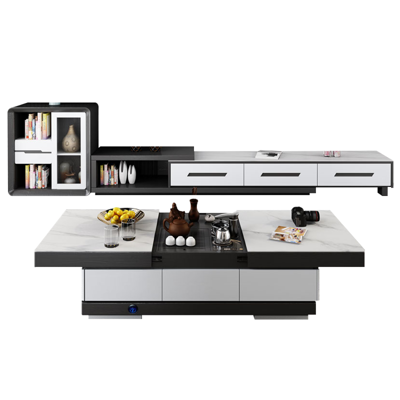 奥左 岩板智能升降功夫茶几电视柜组合多功能轻奢北欧小户型办公茶台一体桌套装 【进口优质岩板桌面+环保高密度板材】胡桃色 1.3米智能升降岩板茶几