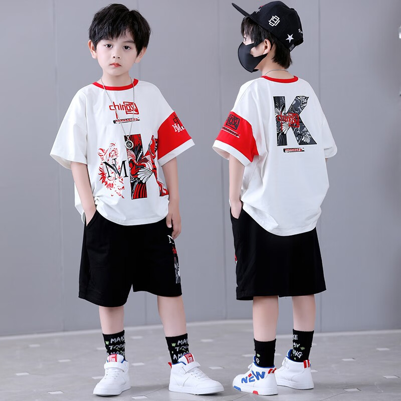 宇龙童话(elongstory)童装短袖男童套装帅气中国风男孩夏天国潮运动儿童街舞衣服裤子 白色夏装套装(衣服裤子) 160 码建议身高1.45-1.5米左右