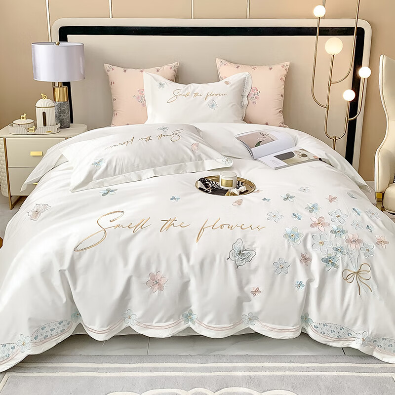 120支长绒棉四件套少女心立体蝴蝶纯棉被套床单床上用 蝶舞飘香-白 1