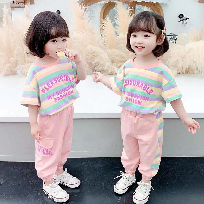 XiaochouTonghua女宝宝夏装女童套装2023新款韩版小孩衣服洋气短袖裤子两件套童装 粉色 100码建议身高90-100（2-3岁）