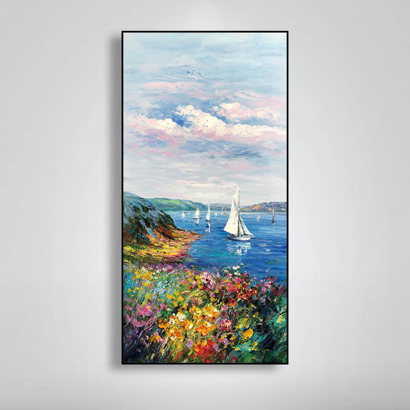 印象斑斓面朝大海春暖花开手绘油画现代印象风景玄关走廊竖版装饰画 a