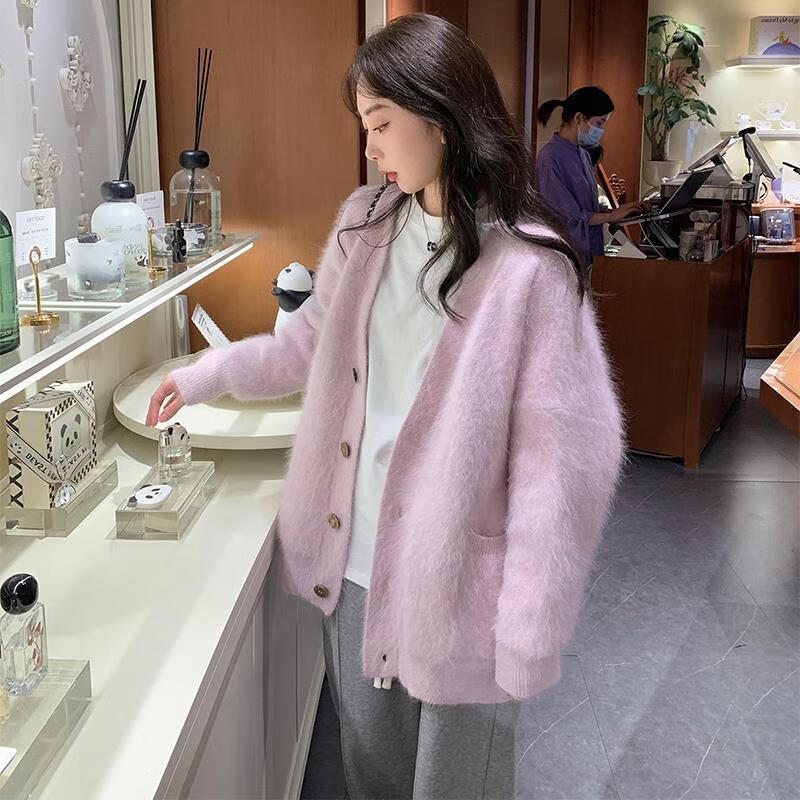 雷黛茜仿水貂绒日系复古开衫针织外套女春秋新款慵懒风宽松感毛衣女 粉紫色 S 建议80-95斤