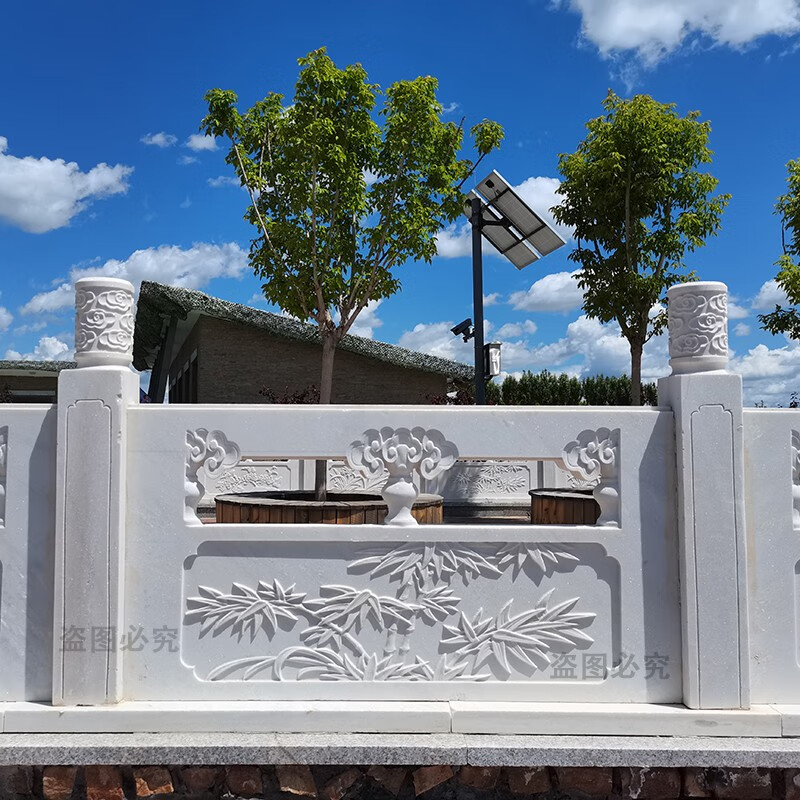 欧鲸汉白玉旗台栏杆围栏庭院鱼池护栏学校政府单位广场升旗台石雕栏杆