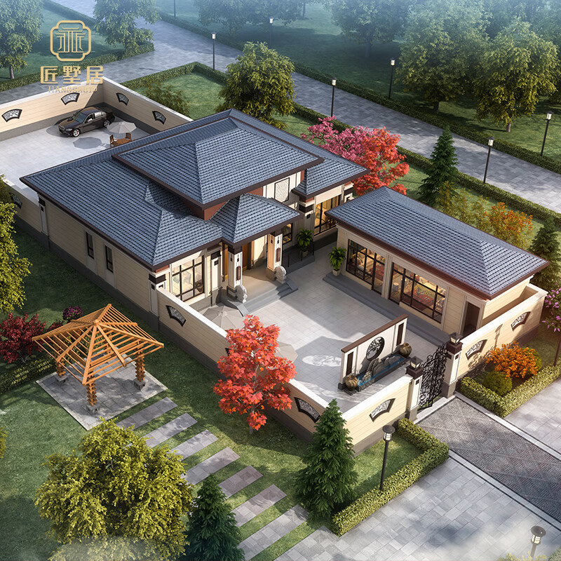 匠墅居 农村中式一层别墅设计图纸自建房子设计图合院样图效果图