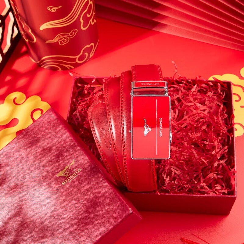 七匹狼本命年皮带2026新款马年男士真牛皮自动扣红腰带生日送爸爸送男友 吉祥鸿运丨中国红 120cm (120-125)