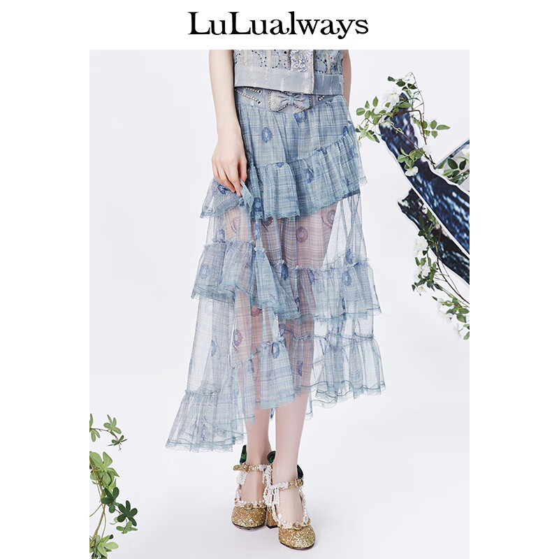 LULUALWAYS新款牛仔网纱拼接蝴蝶结蛋糕裙半身裙 绿色 160/64A/M