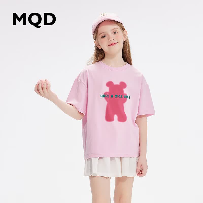 MQD童装女大童卡通短袖T恤夏季儿童宽松百搭休闲t恤 浅粉 150 (2XL)