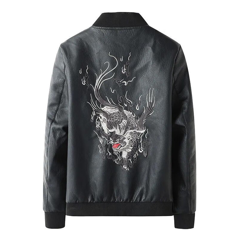 supreme)皮衣男女潮牌国潮麒麟刺绣棒球领帅气男士夹克皮衣外套机车