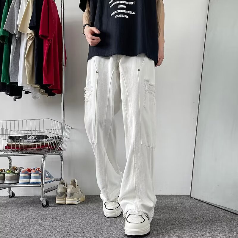 迪伽达裤子男春秋修身牛仔裤男美式vibe长裤痞帅开叉直筒休闲微喇裤男装 CHFS-C1062白色 常规 S 【建议90-105斤】