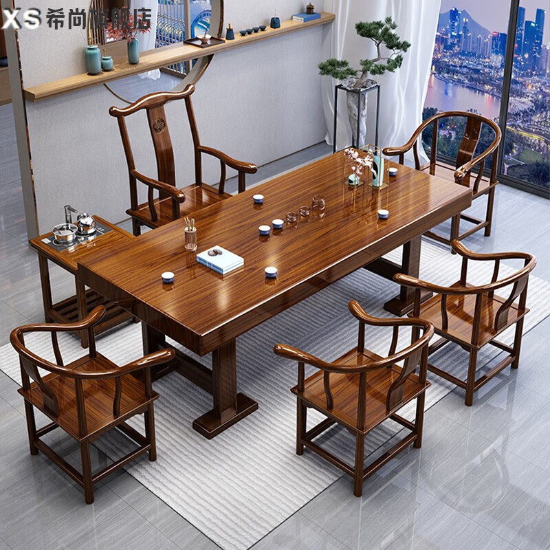 希尚大板茶桌椅组合实木茶桌茶台烧水壶一体桌新中式喝茶办公两用茶台 1.8米茶桌+1官帽椅4围椅-平面款