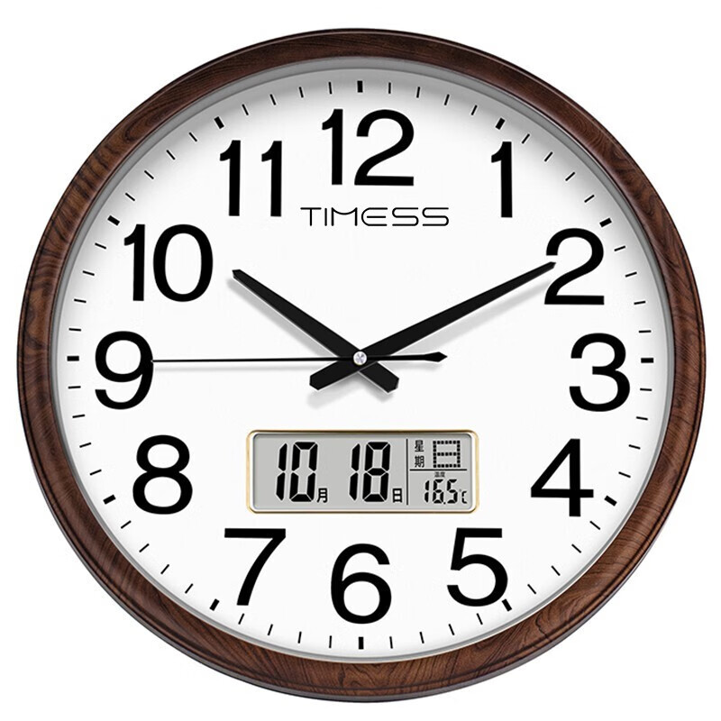 Timess 挂钟 钟表客厅静音万年历时钟现代简约双日历温度石英钟15英寸挂表 木纹色38厘米日历款