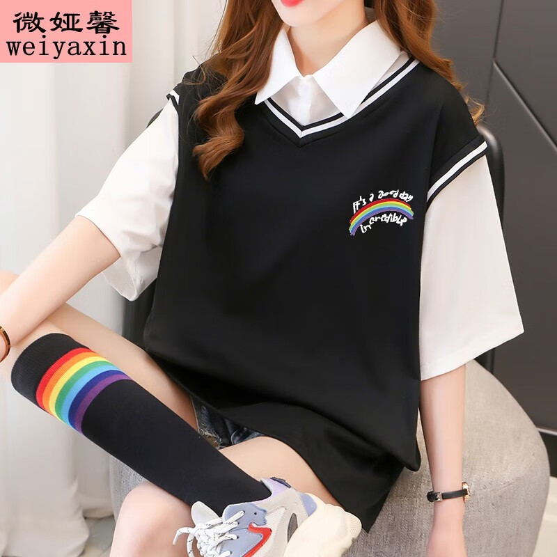 微娅馨夏天女生短袖t恤少女夏季新款学生宽松休闲假两件polo领上衣服