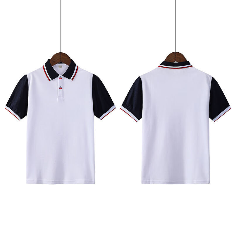 学院风夏季小学初中高中生翻领上衣运动会班服 袖子藏青色白色短袖