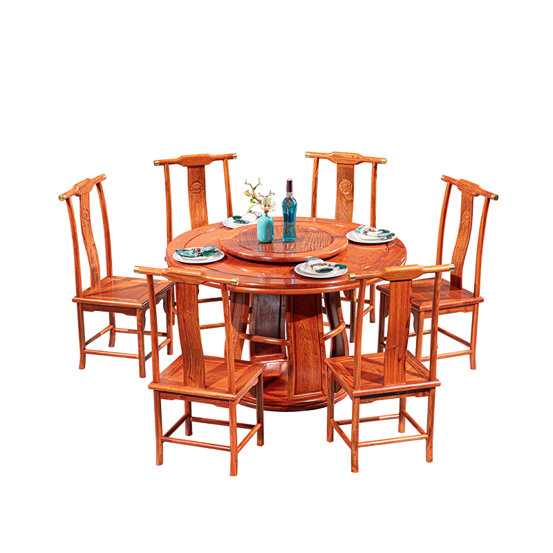 木恒盛红木家具 缅甸花梨（学名：大果紫檀）六六顺新中式圆餐桌实木饭桌组合 1米28配6把椅子