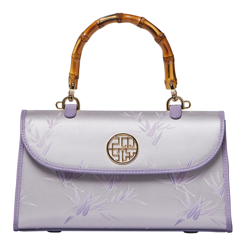 PmSix印花女包送生日礼物妈妈包中国风旗袍包复古竹节包布包大气手提包 浅紫色-桑蚕丝印花-送礼盒