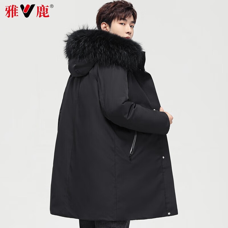 雅鹿羽绒服男中长款秋冬连帽加厚貂子毛领保暖时尚休闲外套派克服男 黑色 3XL