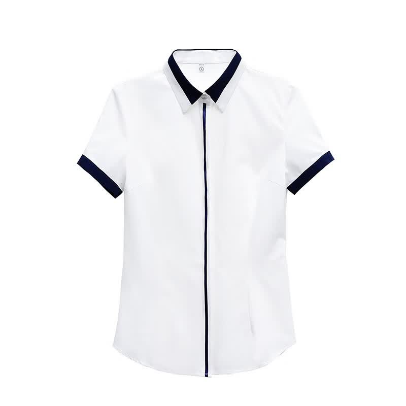 白色衬衫女短袖2026夏季新款雪纺酒店前台职业技师工作服餐饮套装 套装(青衬衫+黑裤子) 4XL (150-160斤)