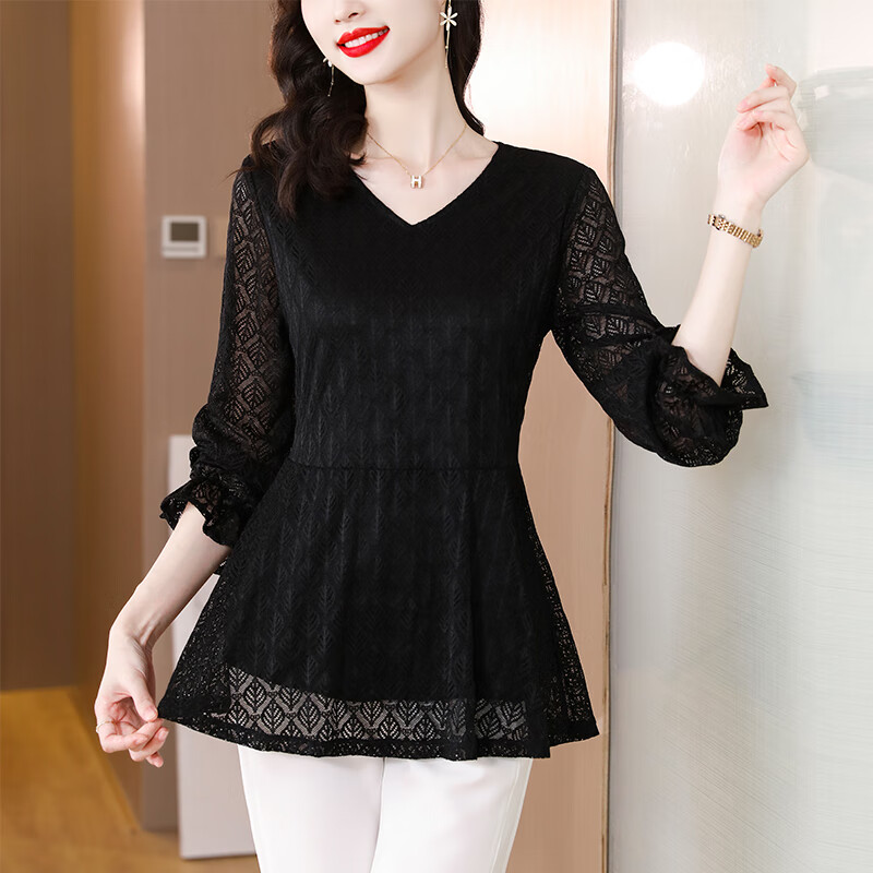 花犯 二小姐的服饰 v领显瘦长袖打底蕾丝衫秋季时尚减龄洋气 黑色 l
