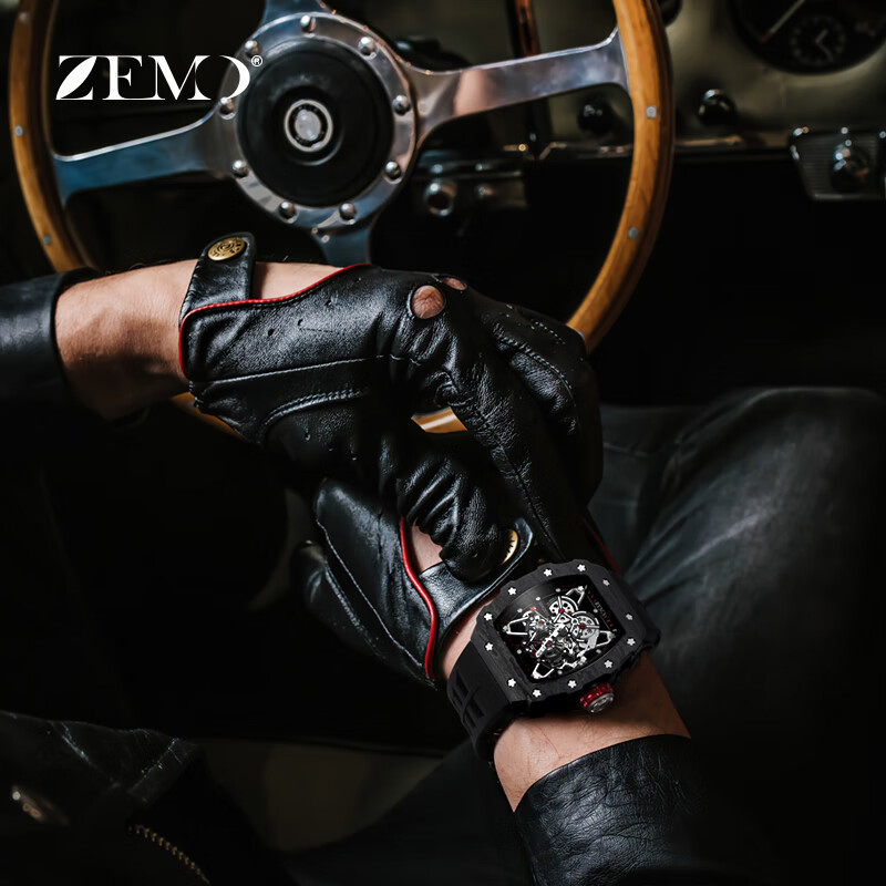 ZEMO男士手表十大品牌查理德镂空全自动机械表瑞士米勒轻奢防水名表男 酷黑橡胶带 超轻耐磨碳纤维