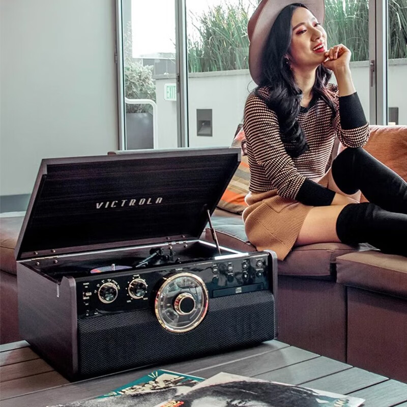 VICTROLA Empire多功能六合一黑胶唱片复古留声机cd蓝牙音箱维可托乐电唱机 咖啡色