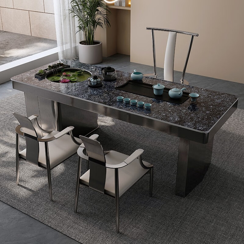 木聚美流水鱼缸茶桌现代轻奢岩板茶桌烧水壶一体桌办公桌书桌两用桌