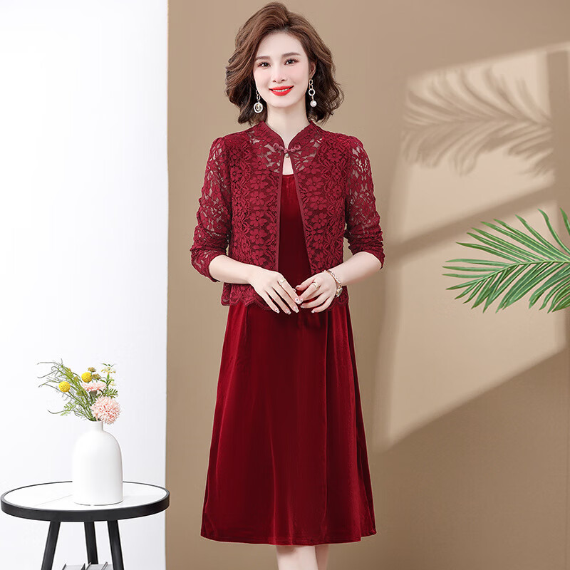 秦然婚礼妈妈春秋装2023新款喜婆婆婚宴礼服金丝绒旗袍连衣裙两件套 酒红色 L建议100斤以内属于什么档次？