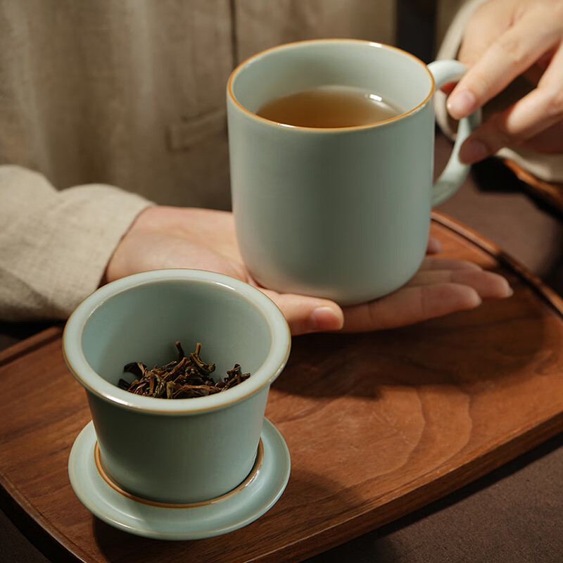 青澹汝窑办公茶杯茶水分离会议杯陶瓷杯茶杯景德镇纯手工无奇杯 无奇杯-350ml 天青色